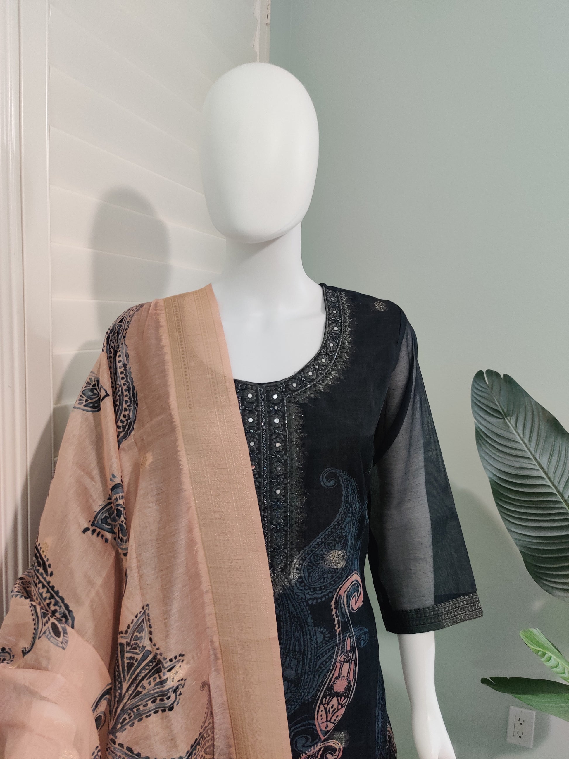 Black Dola Silk Kurta Set with Beige Dupatta