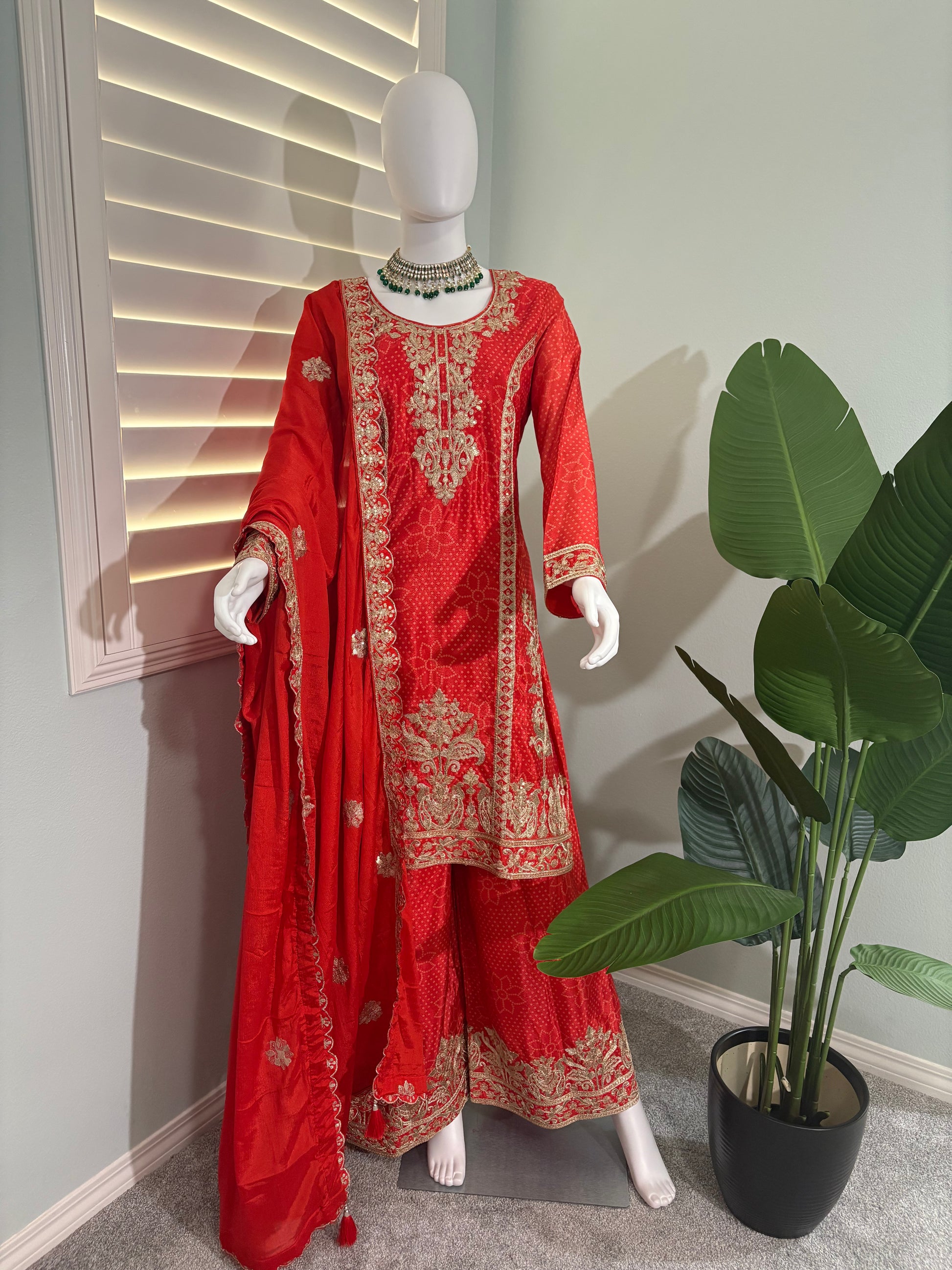 Radiance in Rust: Embroidered Palazzo Suit Set