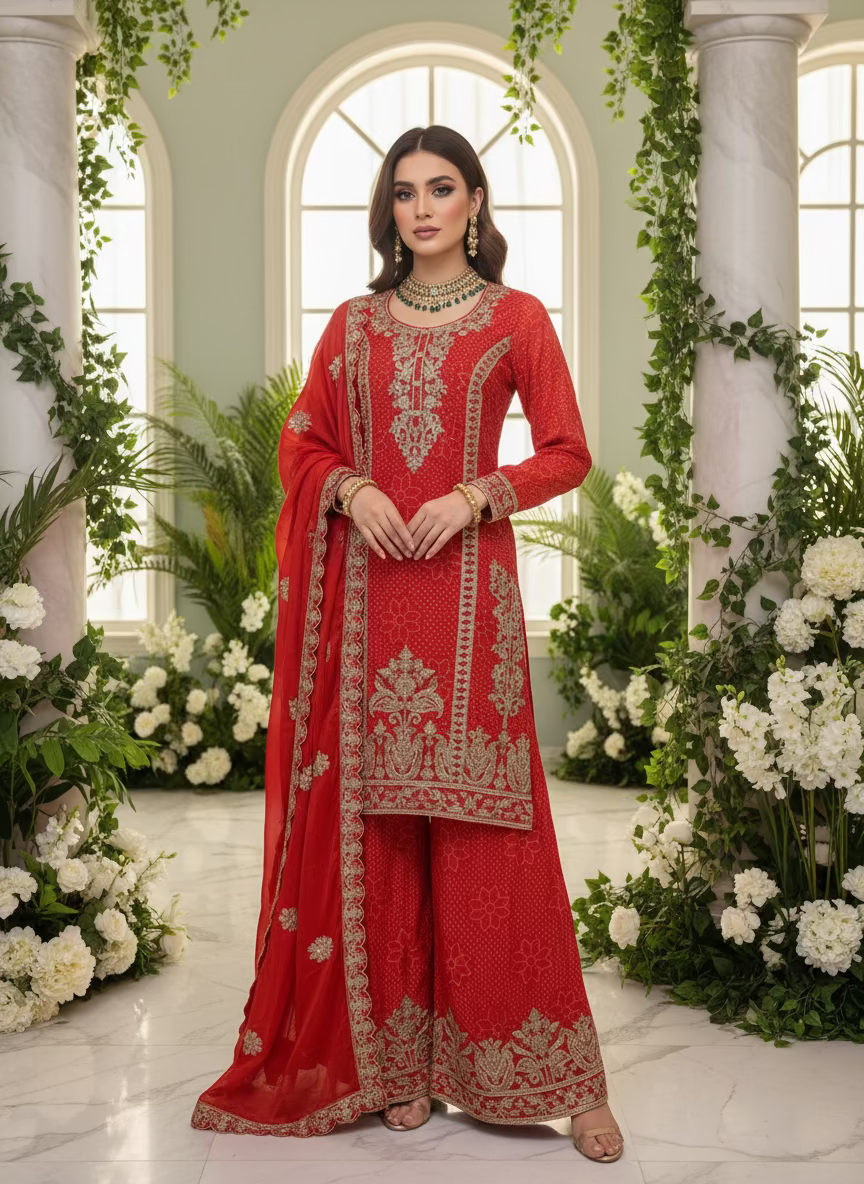 Radiance in Rust: Embroidered Palazzo Suit Set
