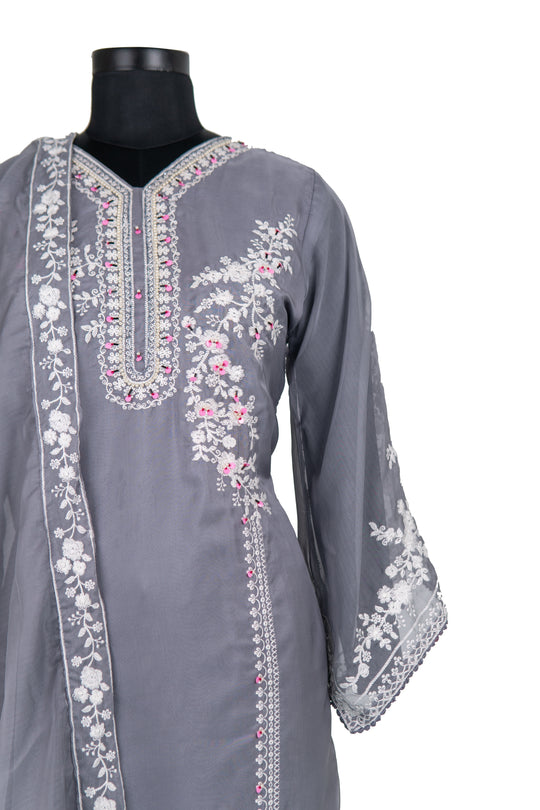 Embroidered Cotton Grey Colour Straight Pant Suit