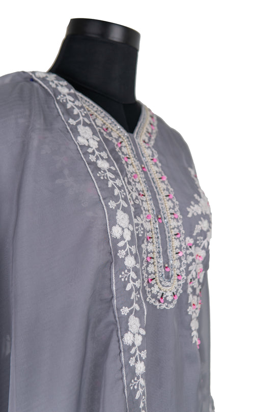 Embroidered Cotton Grey Colour Straight Pant Suit