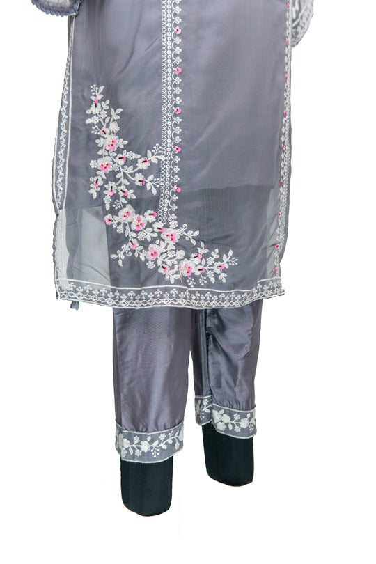 Embroidered Cotton Grey Colour Straight Pant Suit