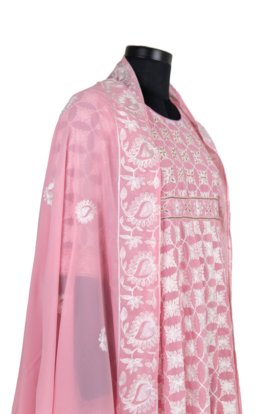 Pink Colour Anarkali Suit With White Embroidery