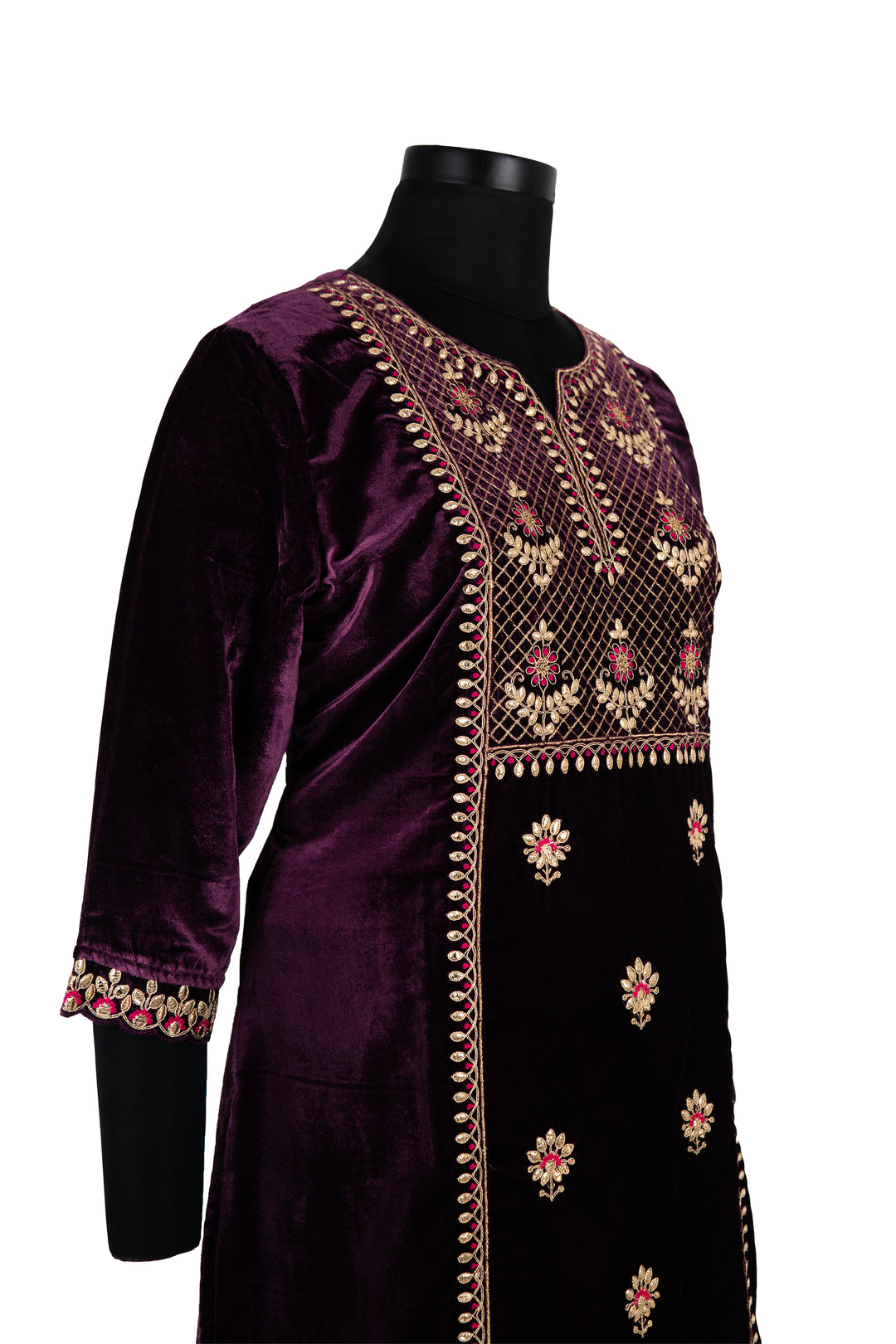 Deep Purple Embroidered Velvet Suit With Embroidered Dupatta