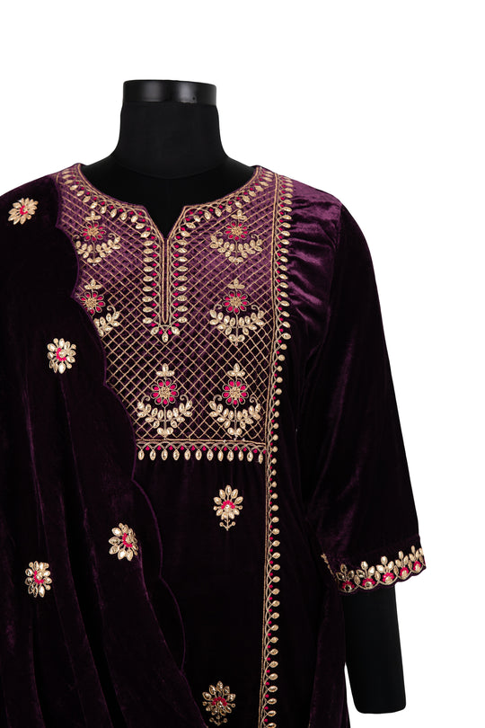 Deep Purple Embroidered Velvet Suit With Embroidered Dupatta