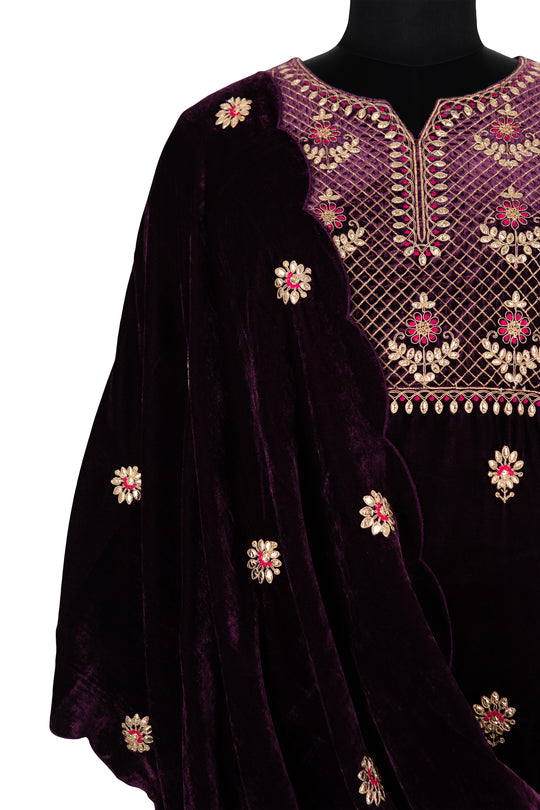 Deep Purple Embroidered Velvet Suit With Embroidered Dupatta