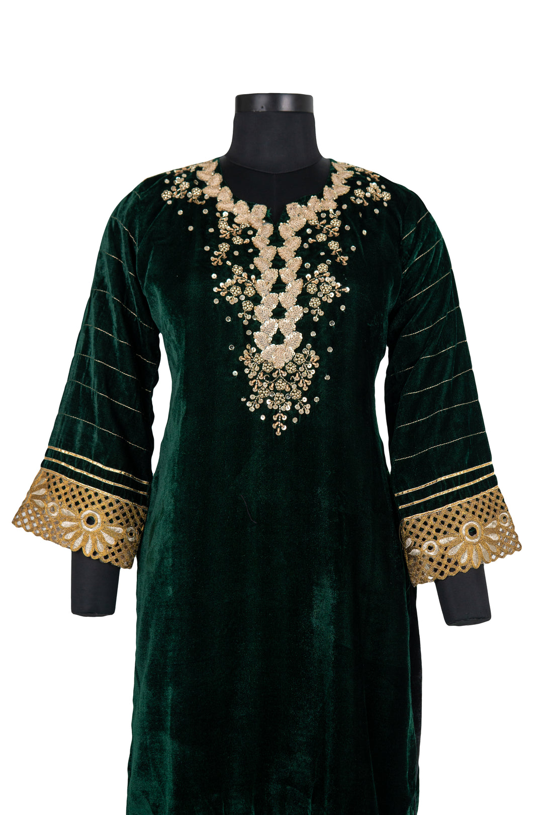 Embroidered Bottle Green Velvet Suit With Black Palazzo And Back Dupatta