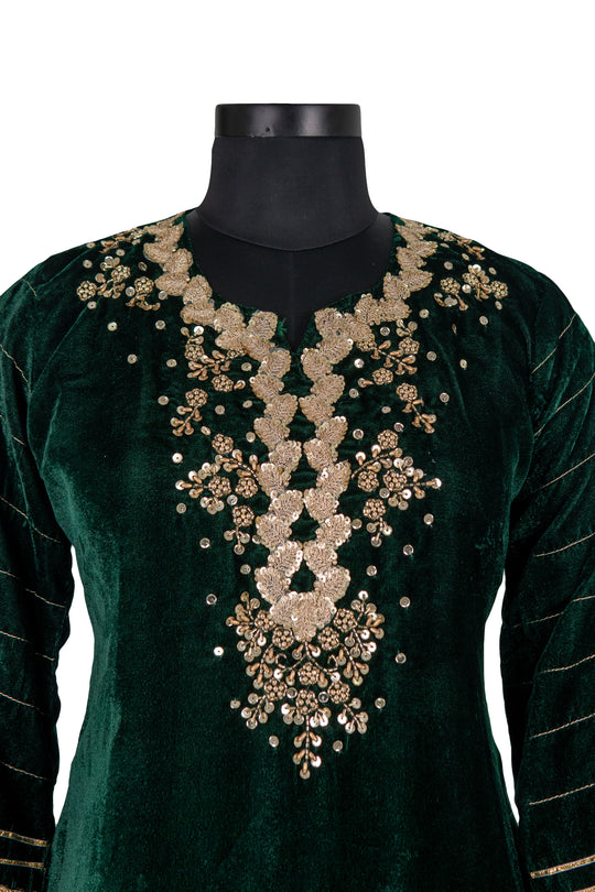 Embroidered Bottle Green Velvet Suit With Black Palazzo And Back Dupatta