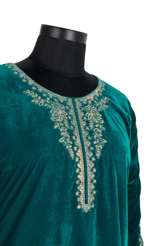 Embroidered Emerald Green Velvet Suit With Embroidered Dupatta