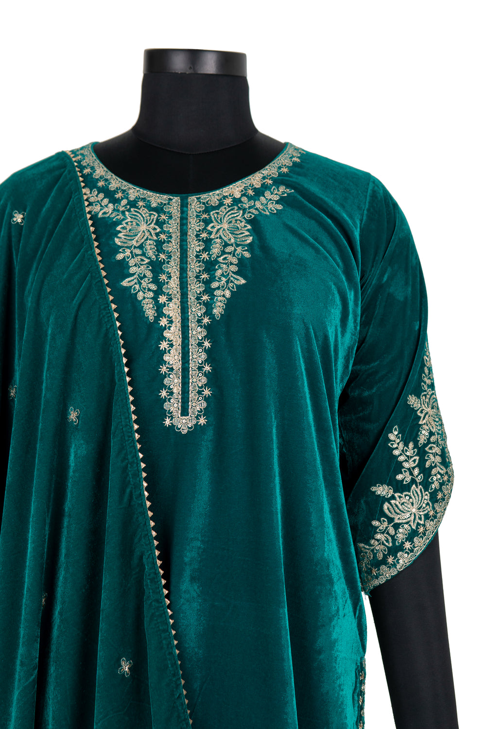 Embroidered Emerald Green Velvet Suit With Embroidered Dupatta