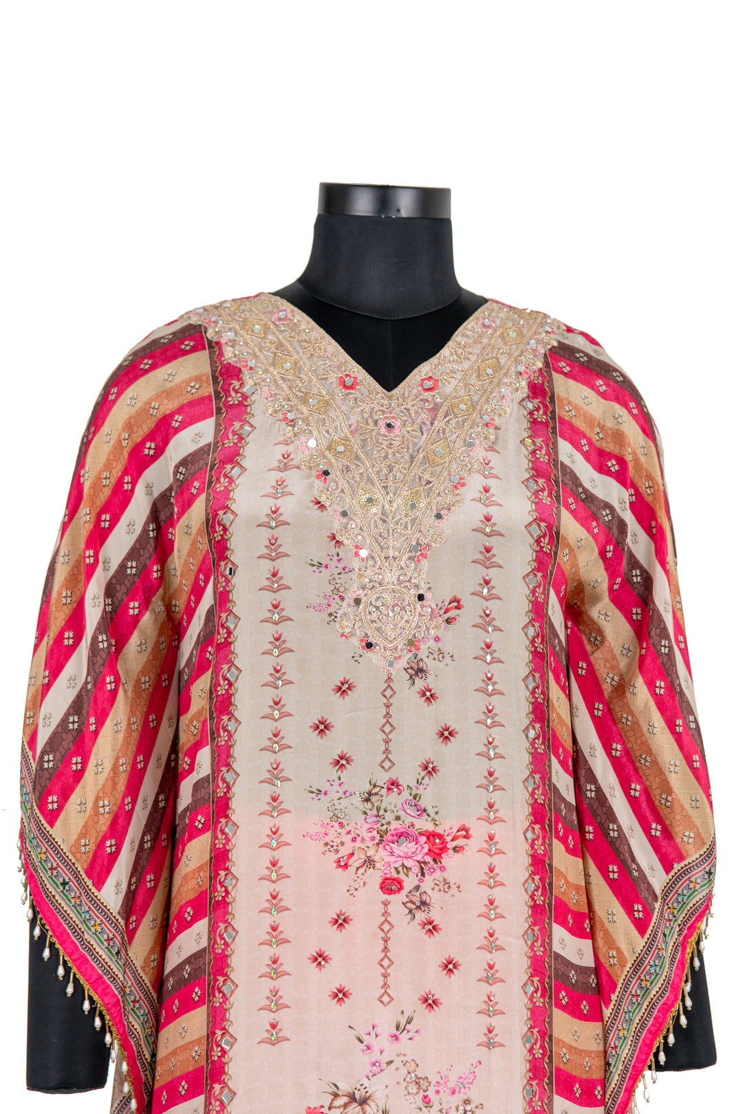 Cream And Pink Embroidered 2-Piece Kaftaan Suit