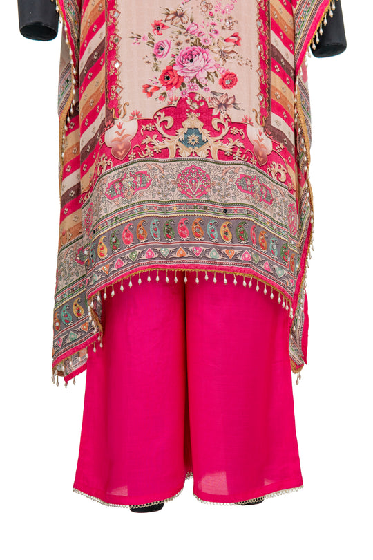 Cream And Pink Embroidered 2-Piece Kaftaan Suit