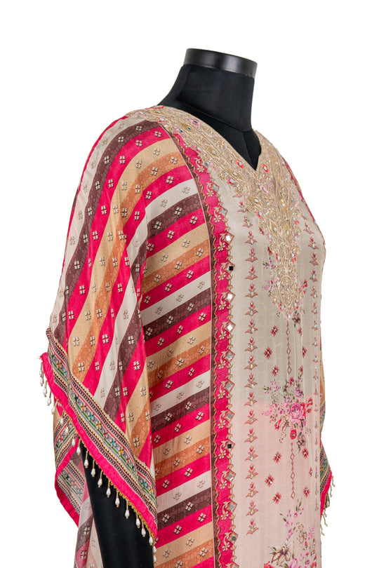 Cream And Pink Embroidered 2-Piece Kaftaan Suit