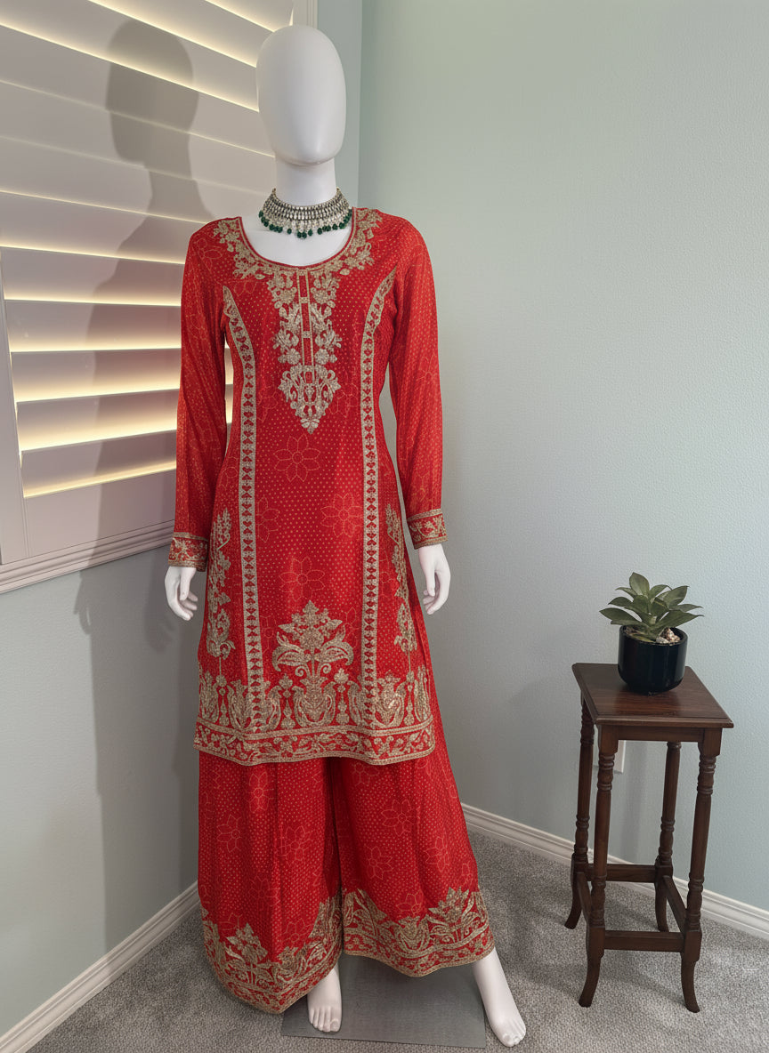 Radiance in Rust: Embroidered Palazzo Suit Set
