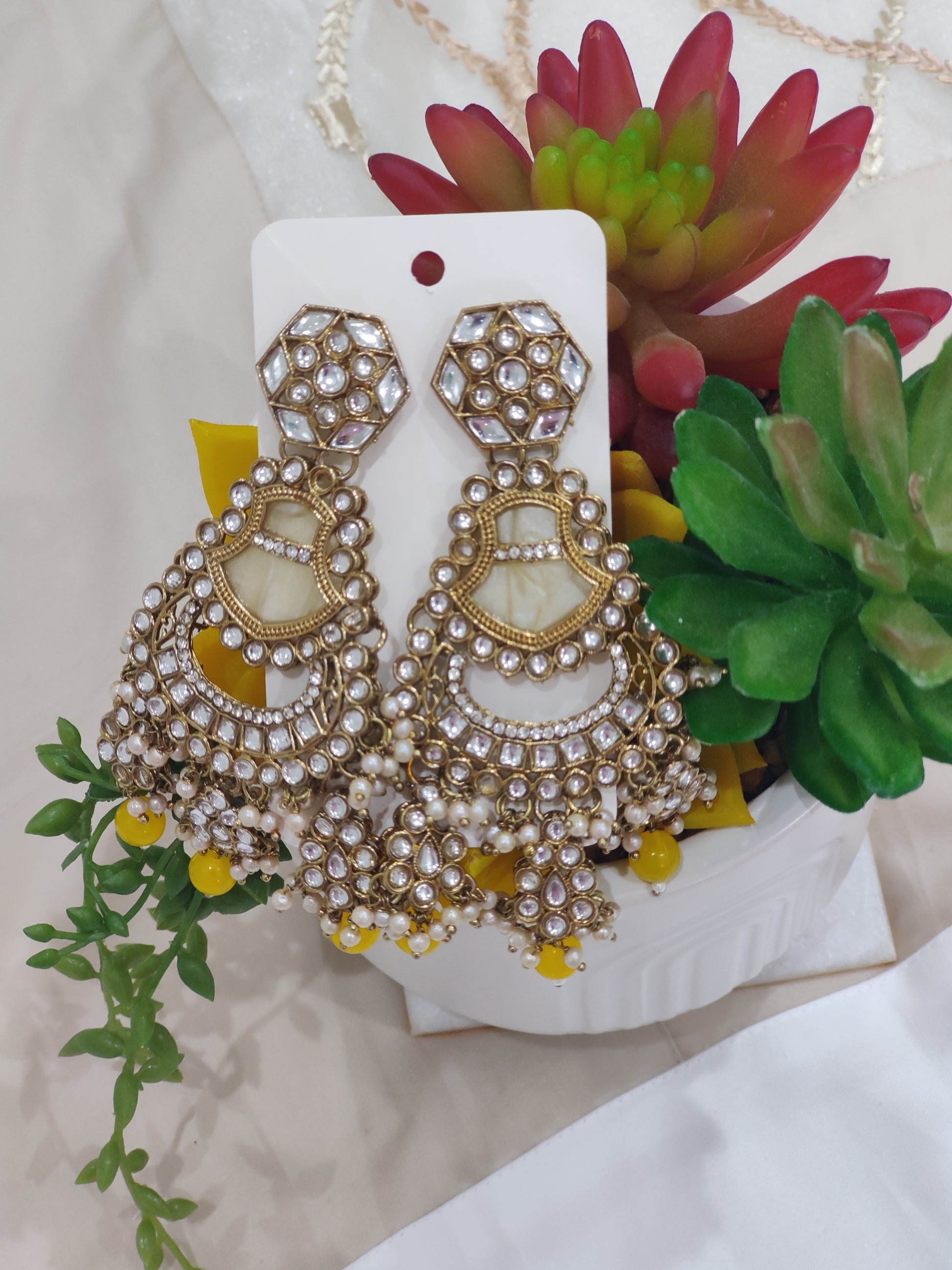 Luxurious Kundan Chandbali Earrings with Pearl and Bead Danglers