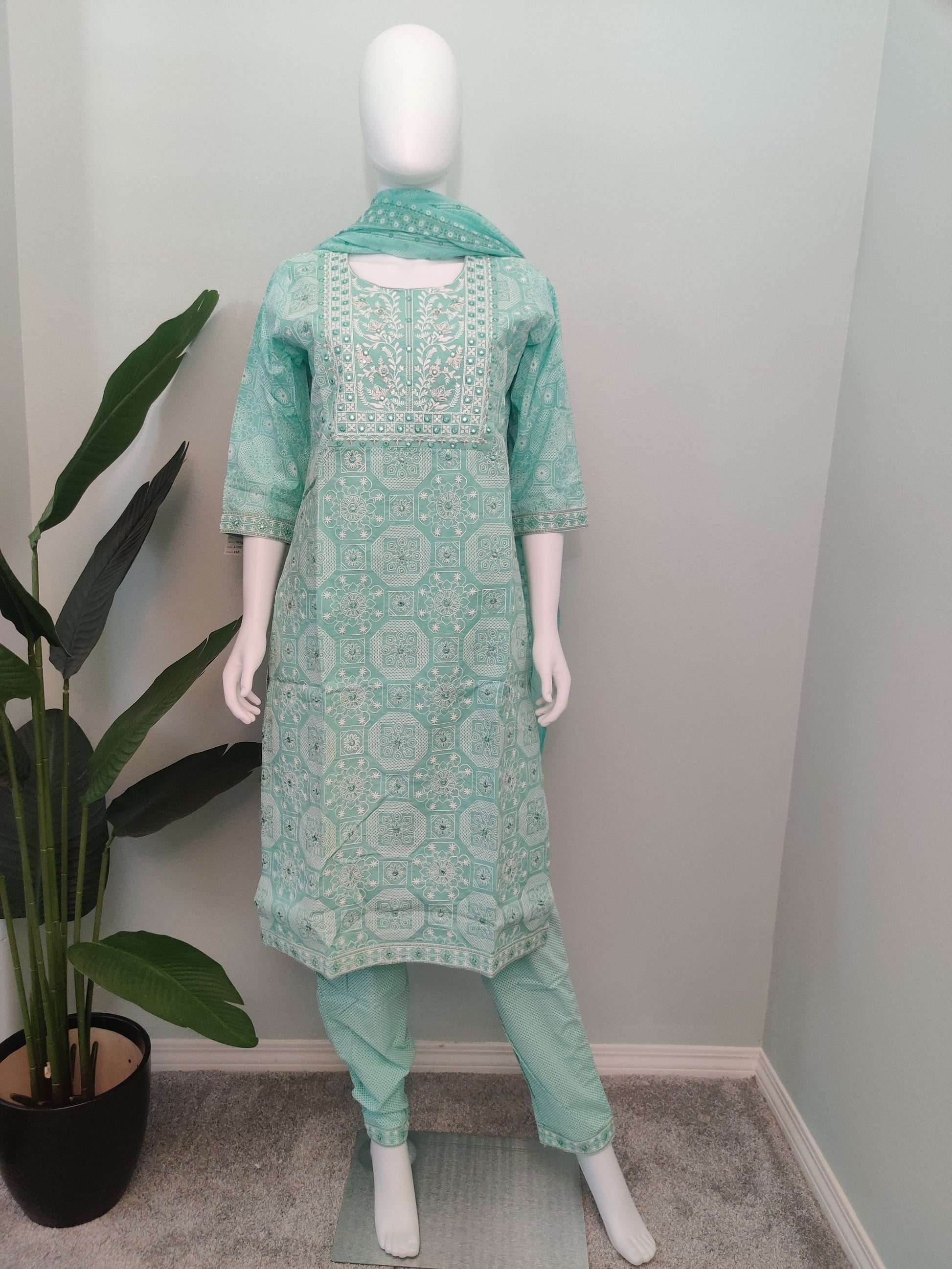 Sea Green Fully Embroidered mirror work cotton kurta set