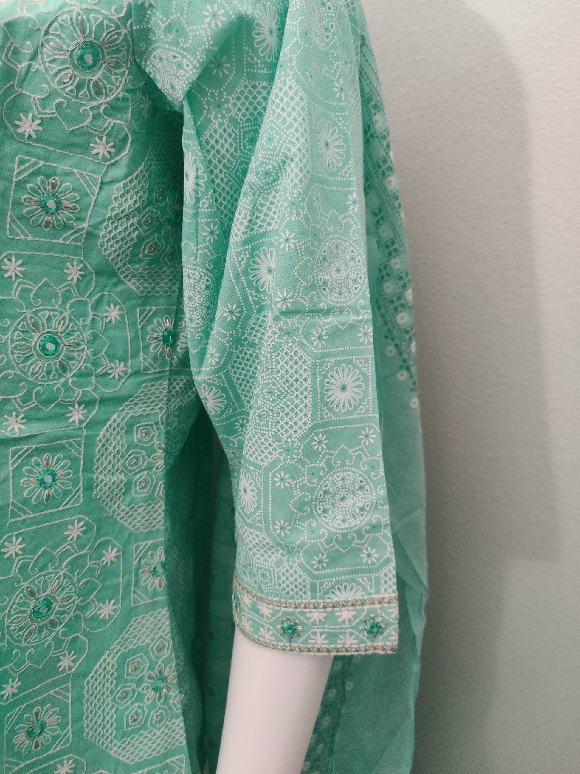 Sea Green Fully Embroidered mirror work cotton kurta set