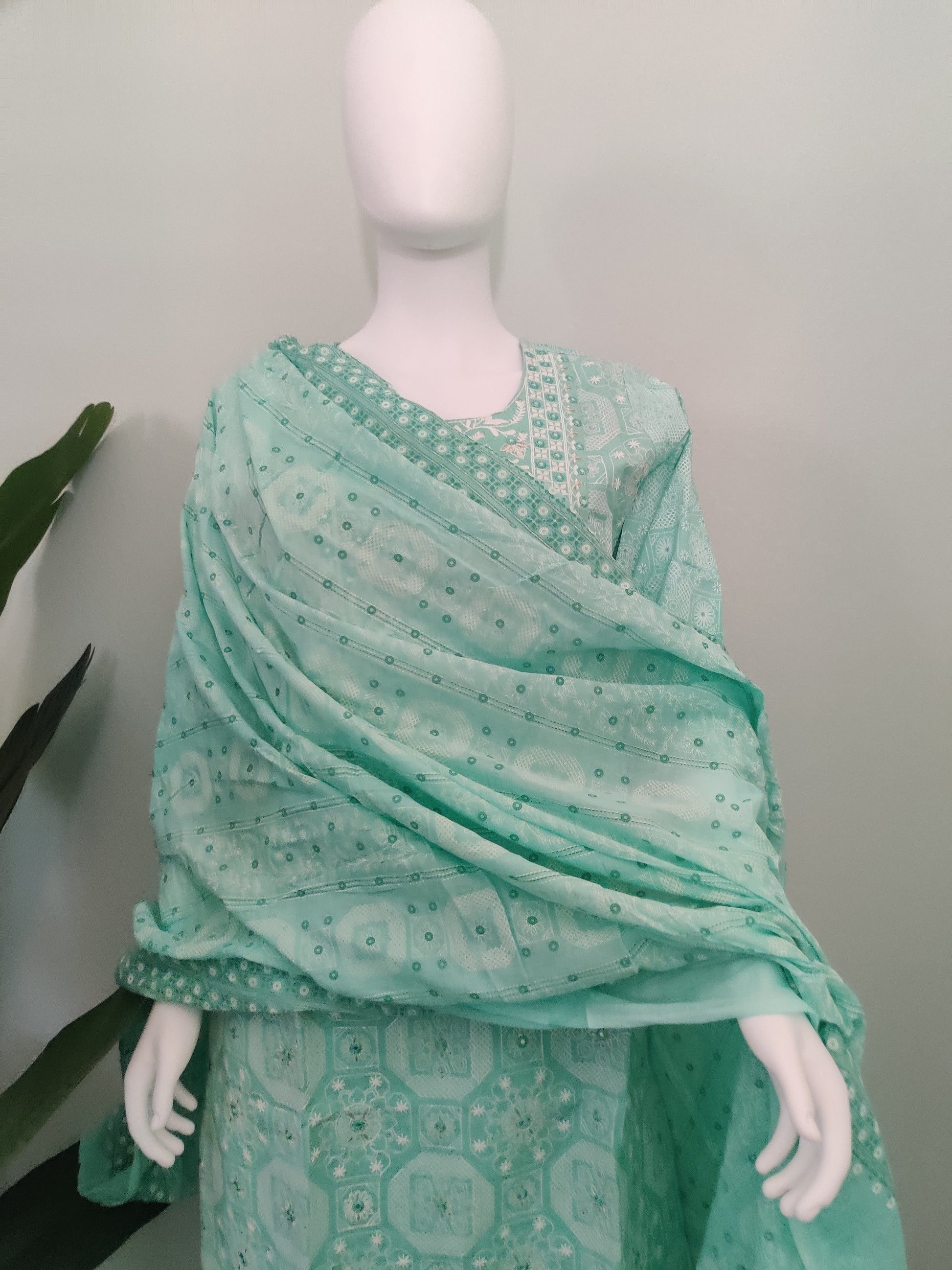 Sea Green Fully Embroidered mirror work cotton kurta set