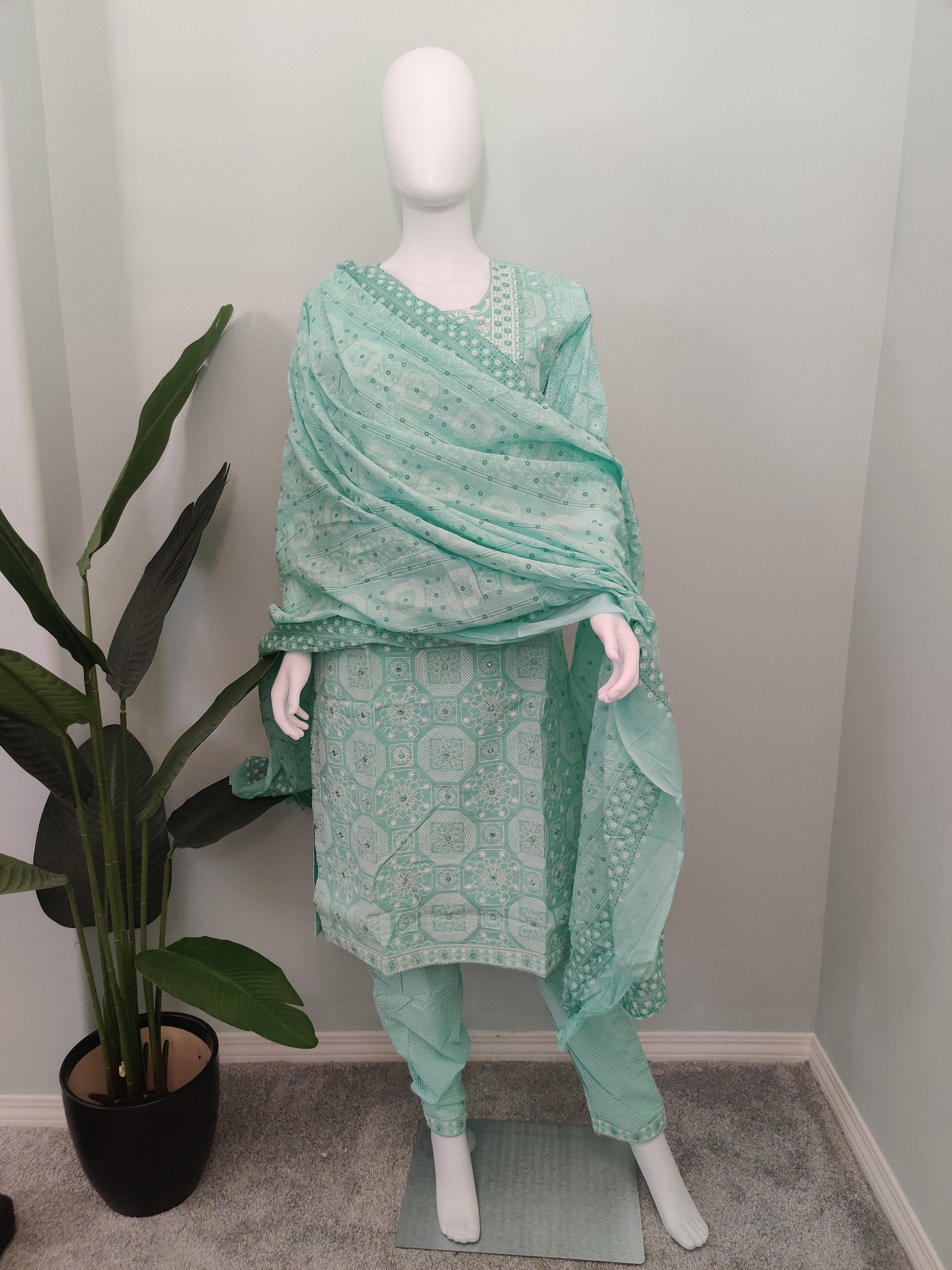 Sea Green Fully Embroidered mirror work cotton kurta set