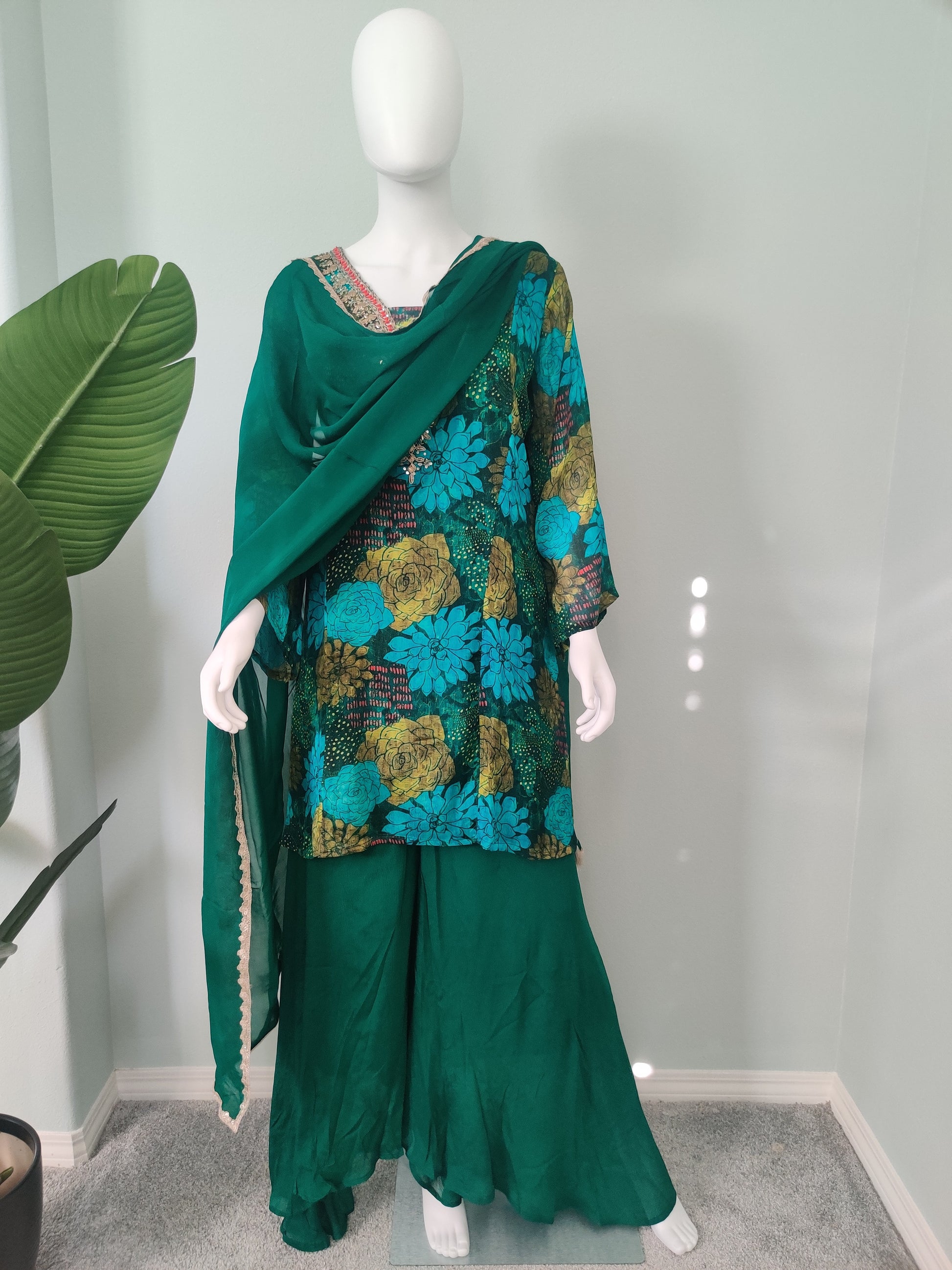 Printed Flared Plazzo Suit with Embroidered Neckline