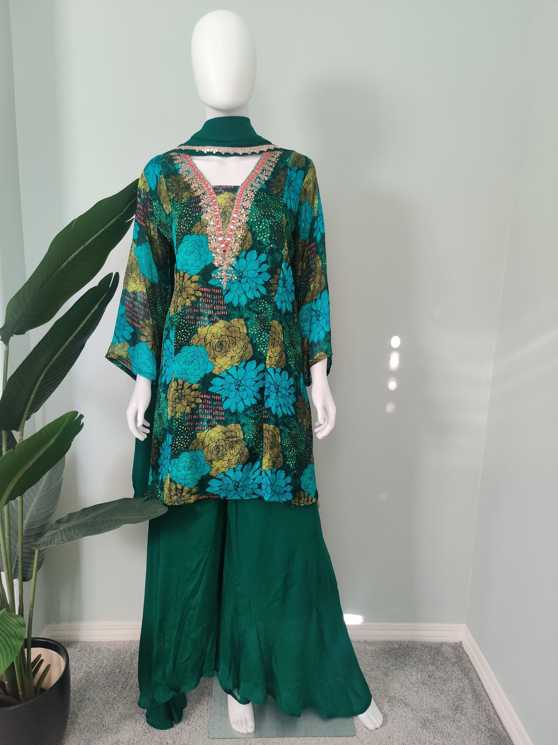Printed Flared Plazzo Suit with Embroidered Neckline
