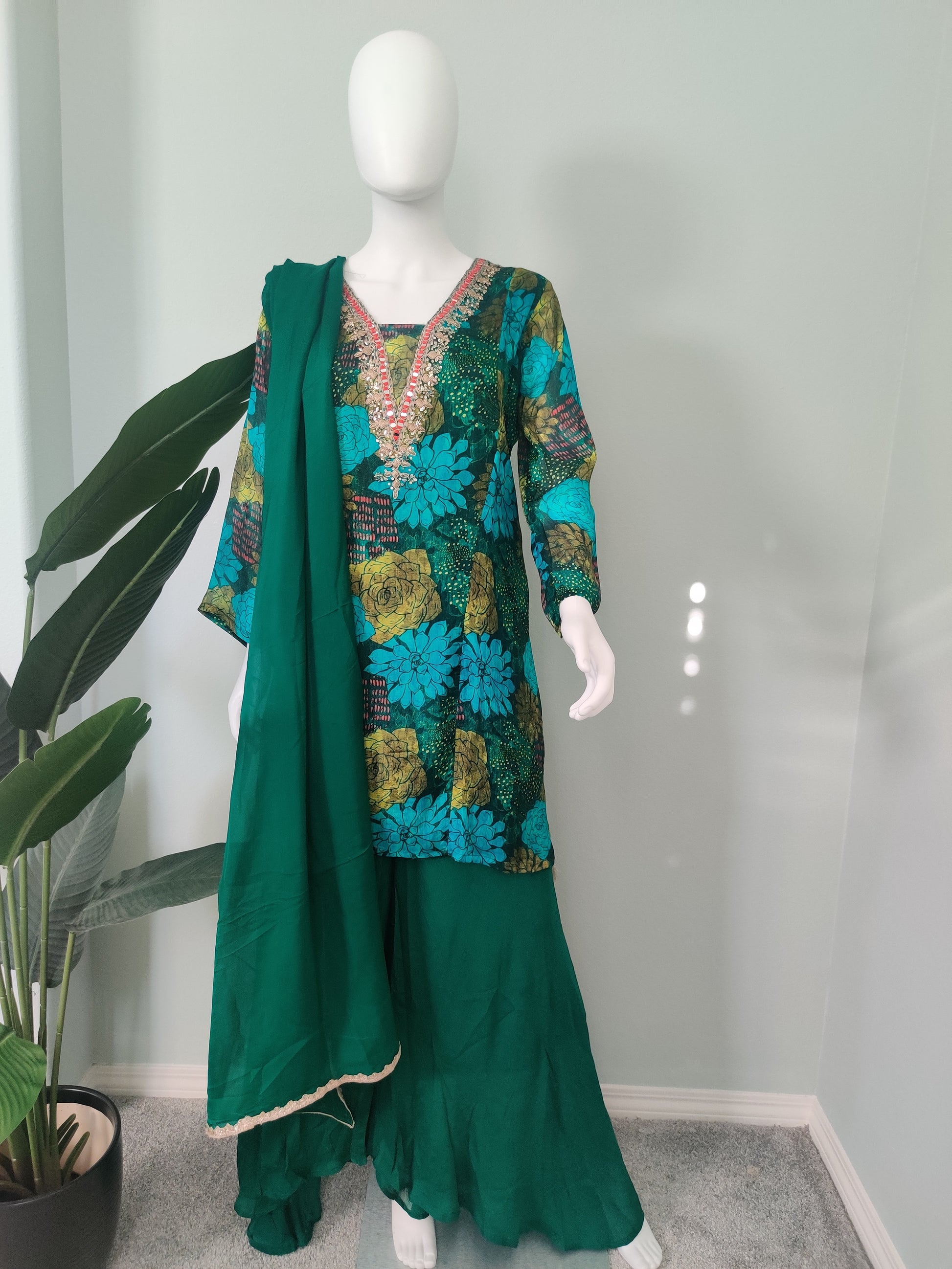 Printed Flared Plazzo Suit with Embroidered Neckline