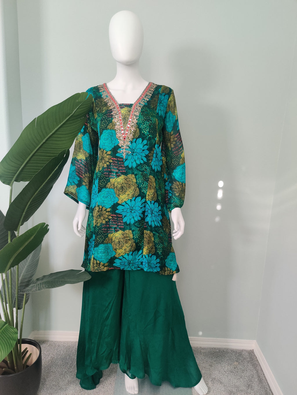 Printed Flared Plazzo Suit with Embroidered Neckline