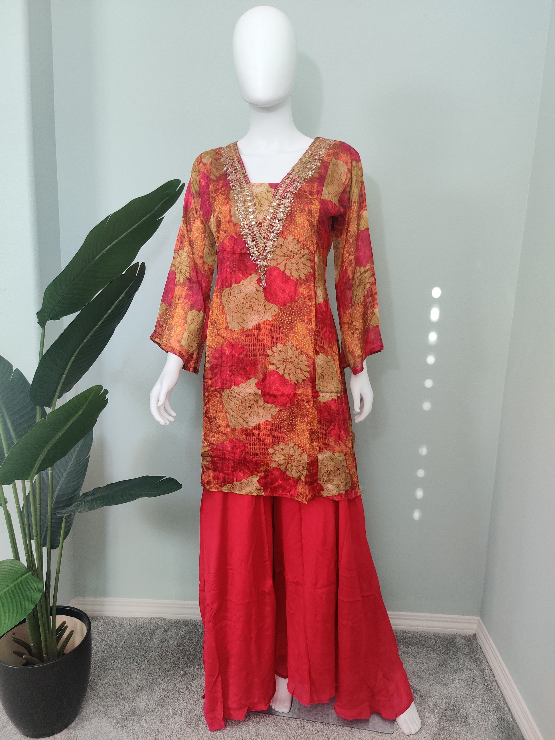 Printed Flared Plazzo Suit with Embroidered Neckline