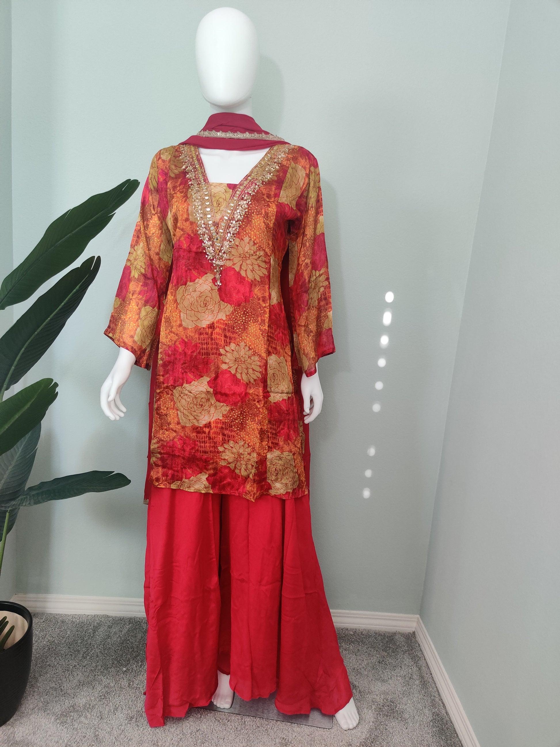 Printed Flared Plazzo Suit with Embroidered Neckline