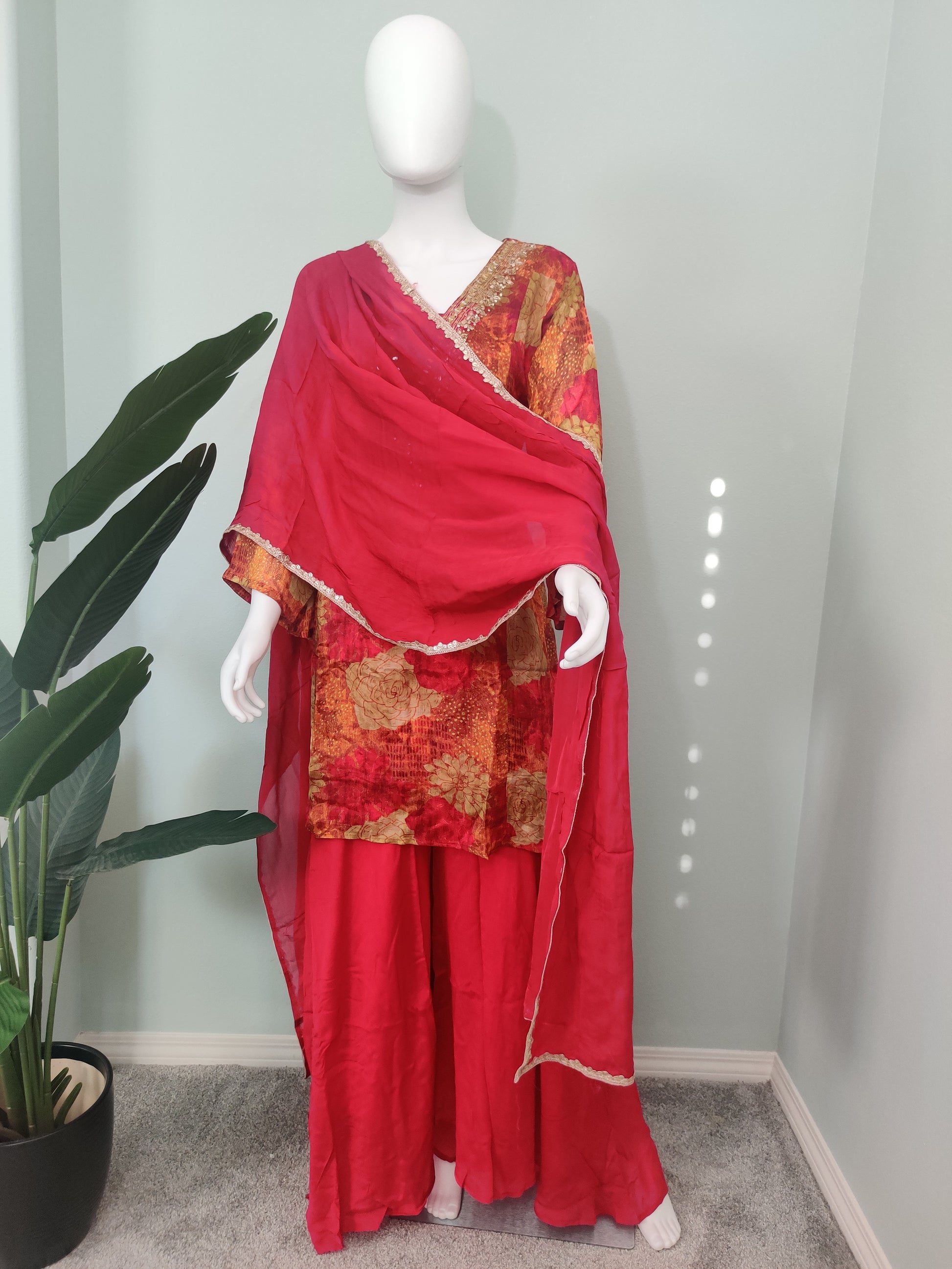 Printed Flared Plazzo Suit with Embroidered Neckline