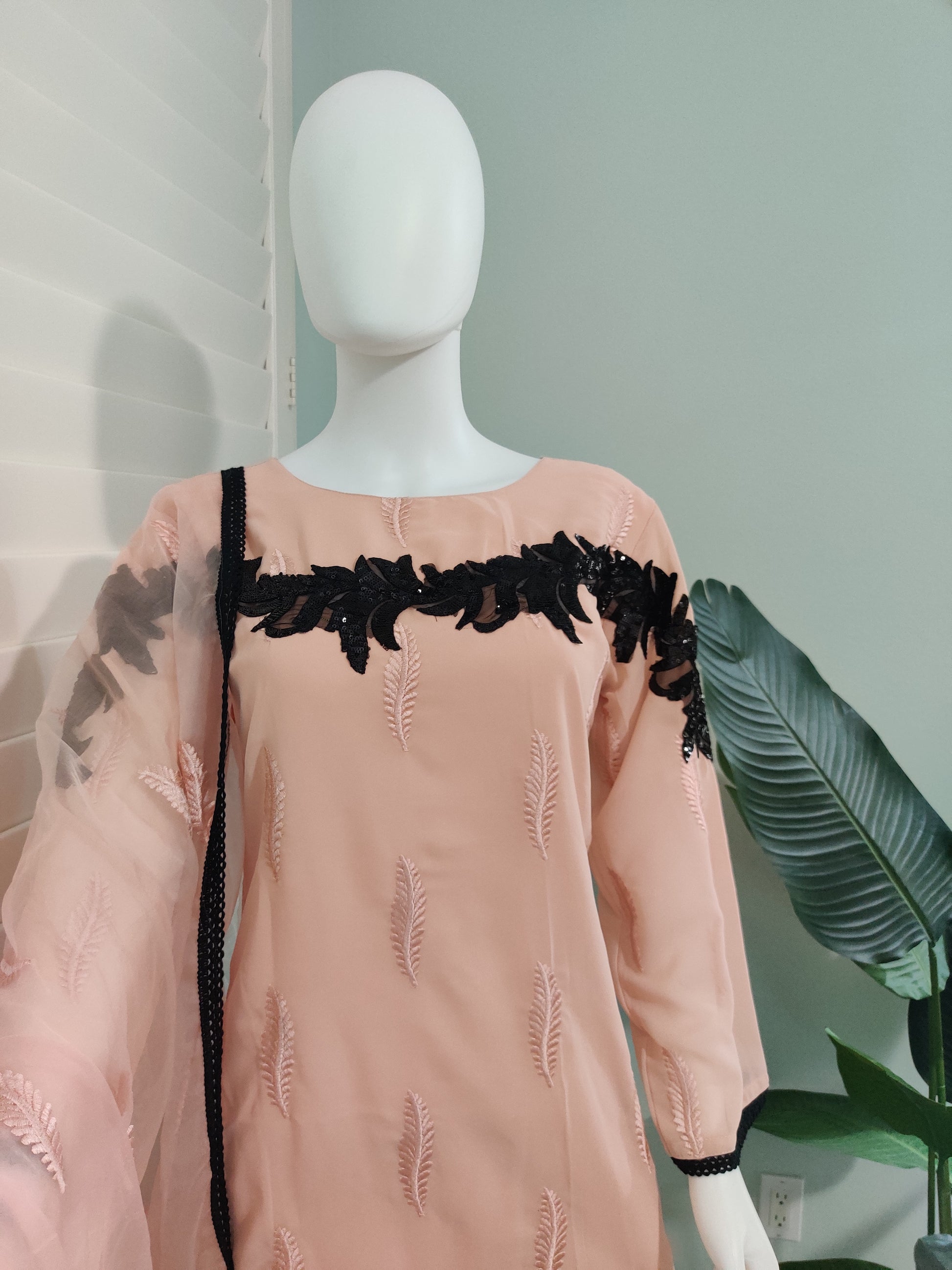 Pakistani Straight feather work Peach color kurta set