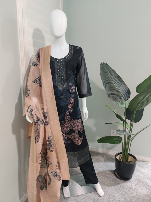 Black Dola Silk Kurta Set with Beige Dupatta