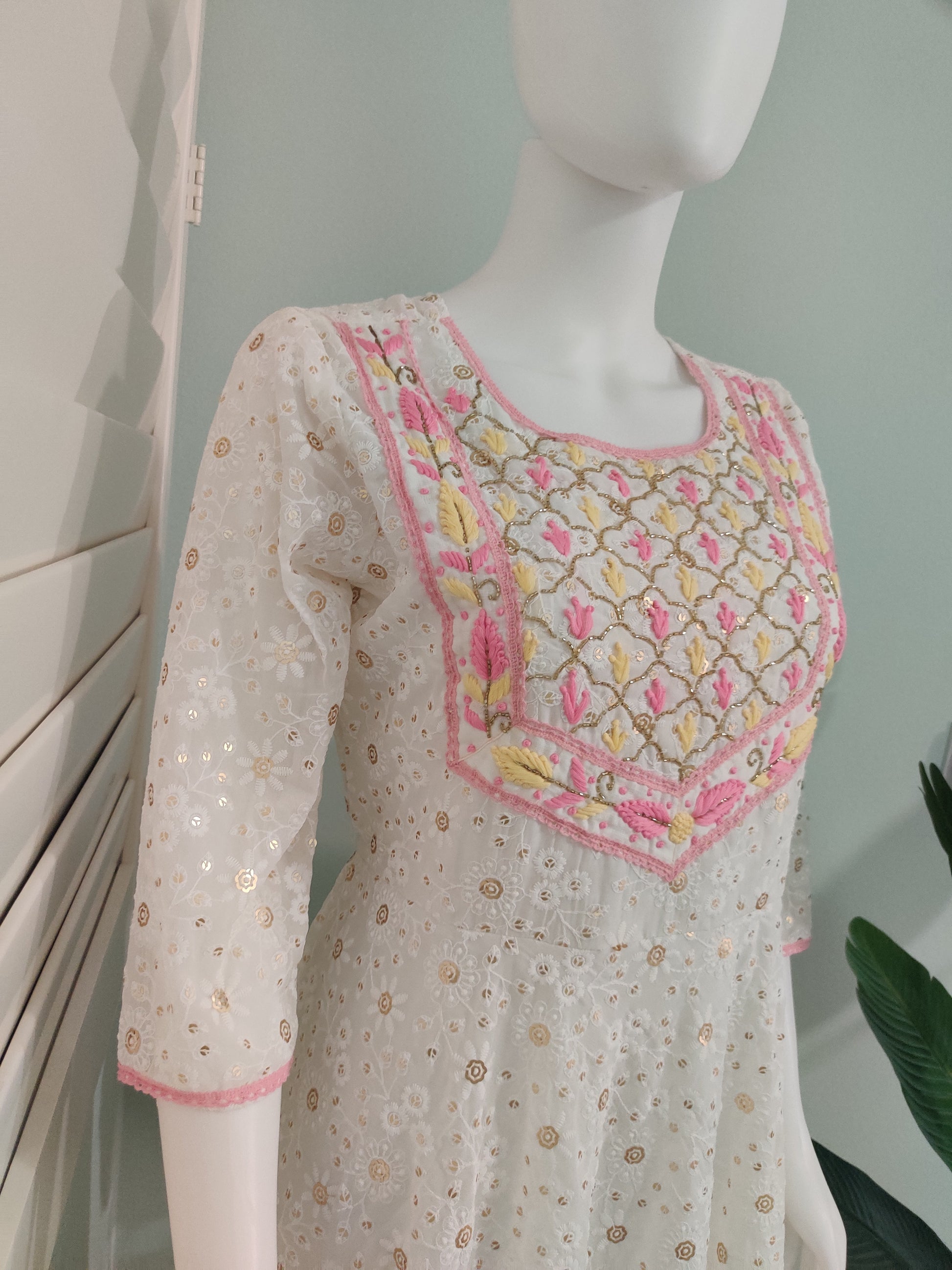 White Chikankari Anarkali Kurta Set