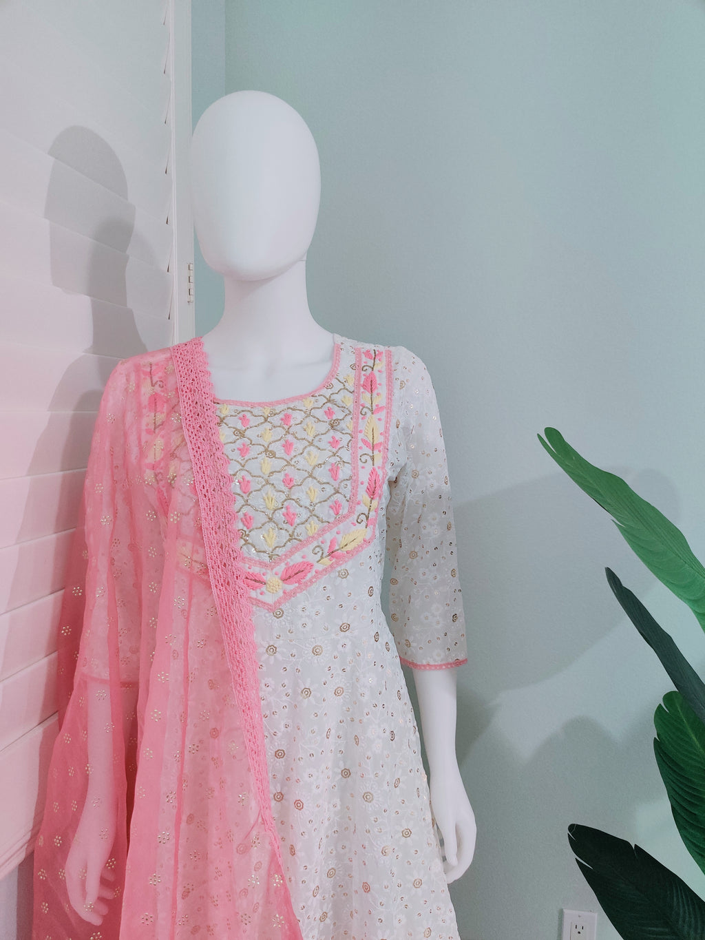 White Chikankari Anarkali Kurta Set