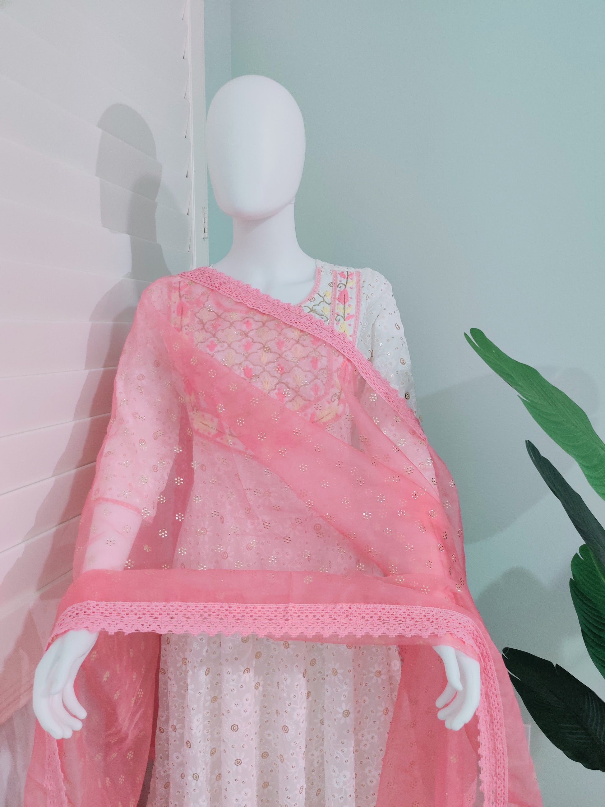 White Chikankari Anarkali Kurta Set