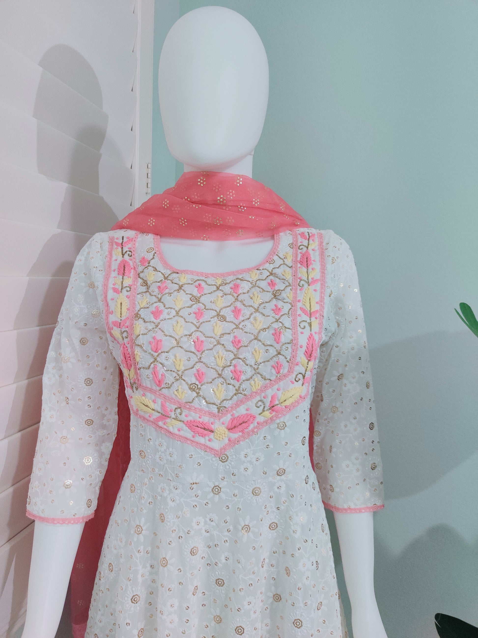 White Chikankari Anarkali Kurta Set