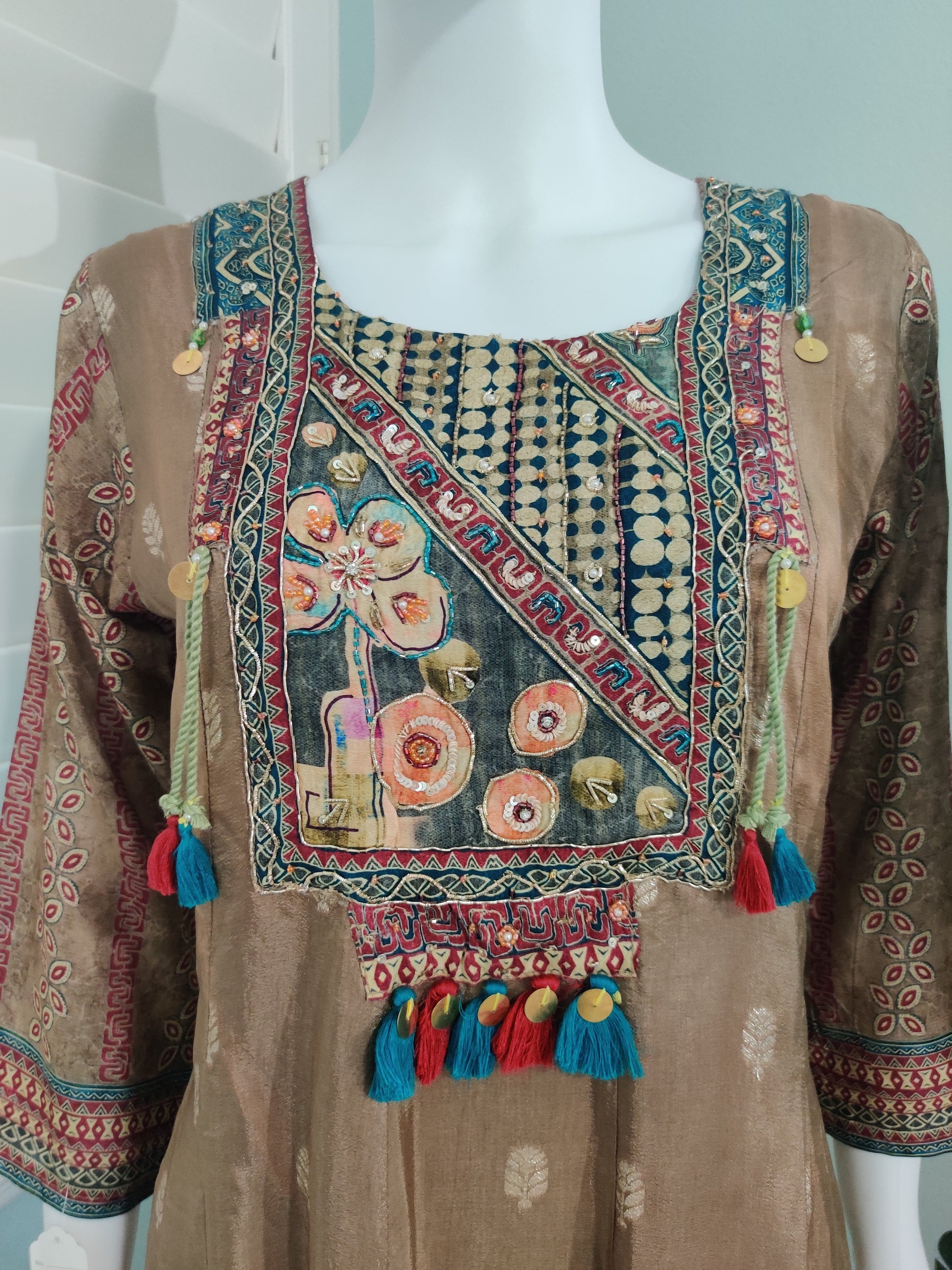 Brown-Gold Embroidered A-Line Kurta Set