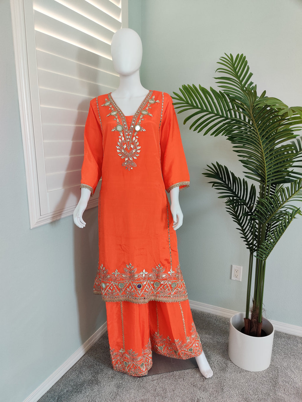 ✨ Regal Radiance — Heavy Chinon Mirror Work & Gotta Patti Plazzo Suit