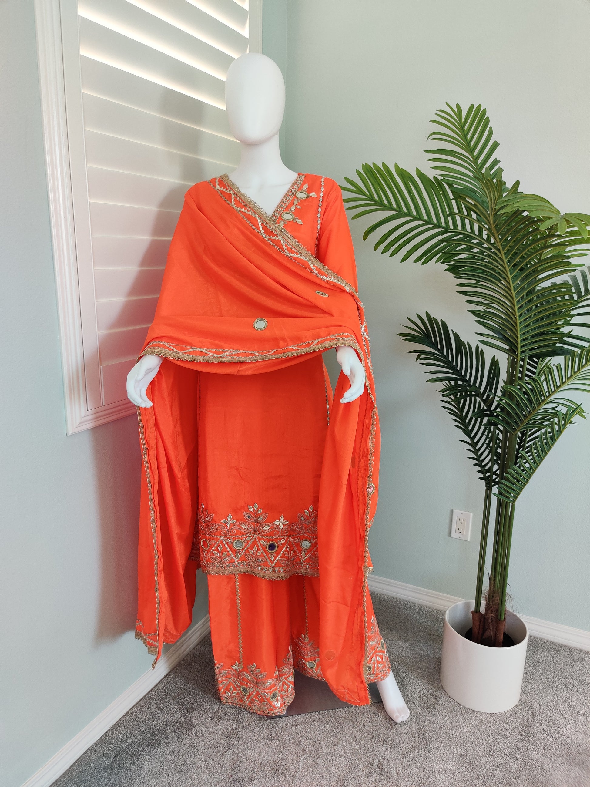 ✨ Regal Radiance — Heavy Chinon Mirror Work & Gotta Patti Plazzo Suit