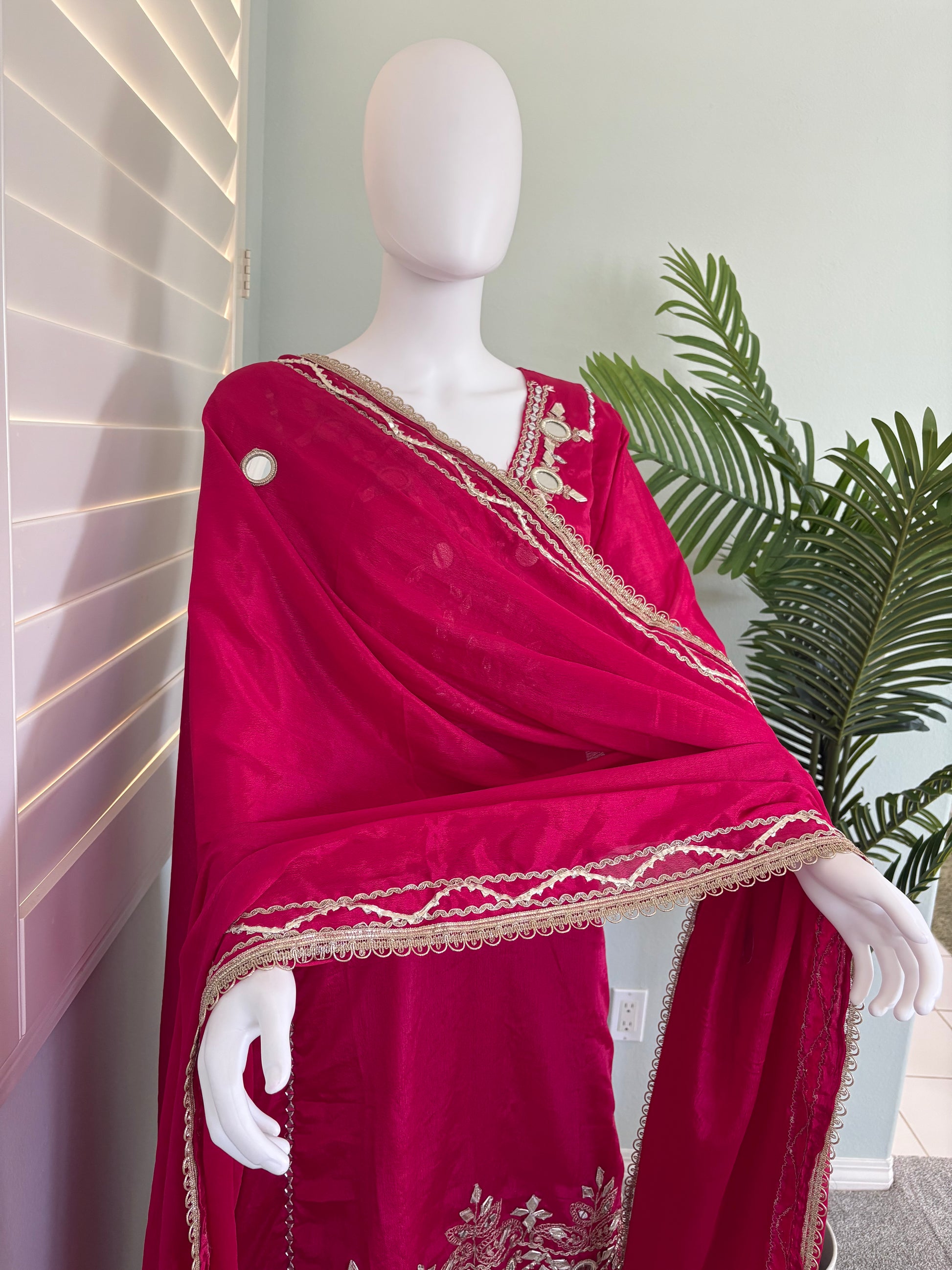 ✨ Regal Radiance — Heavy Chinon Mirror Work & Gotta Patti Plazzo Suit