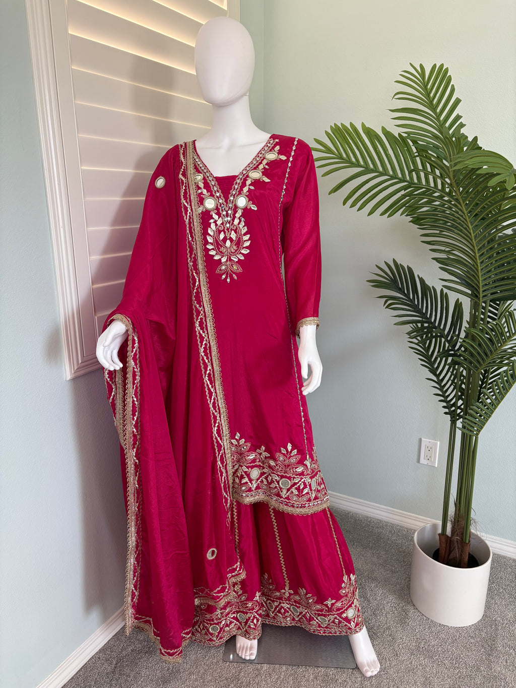 ✨ Regal Radiance — Heavy Chinon Mirror Work & Gotta Patti Plazzo Suit