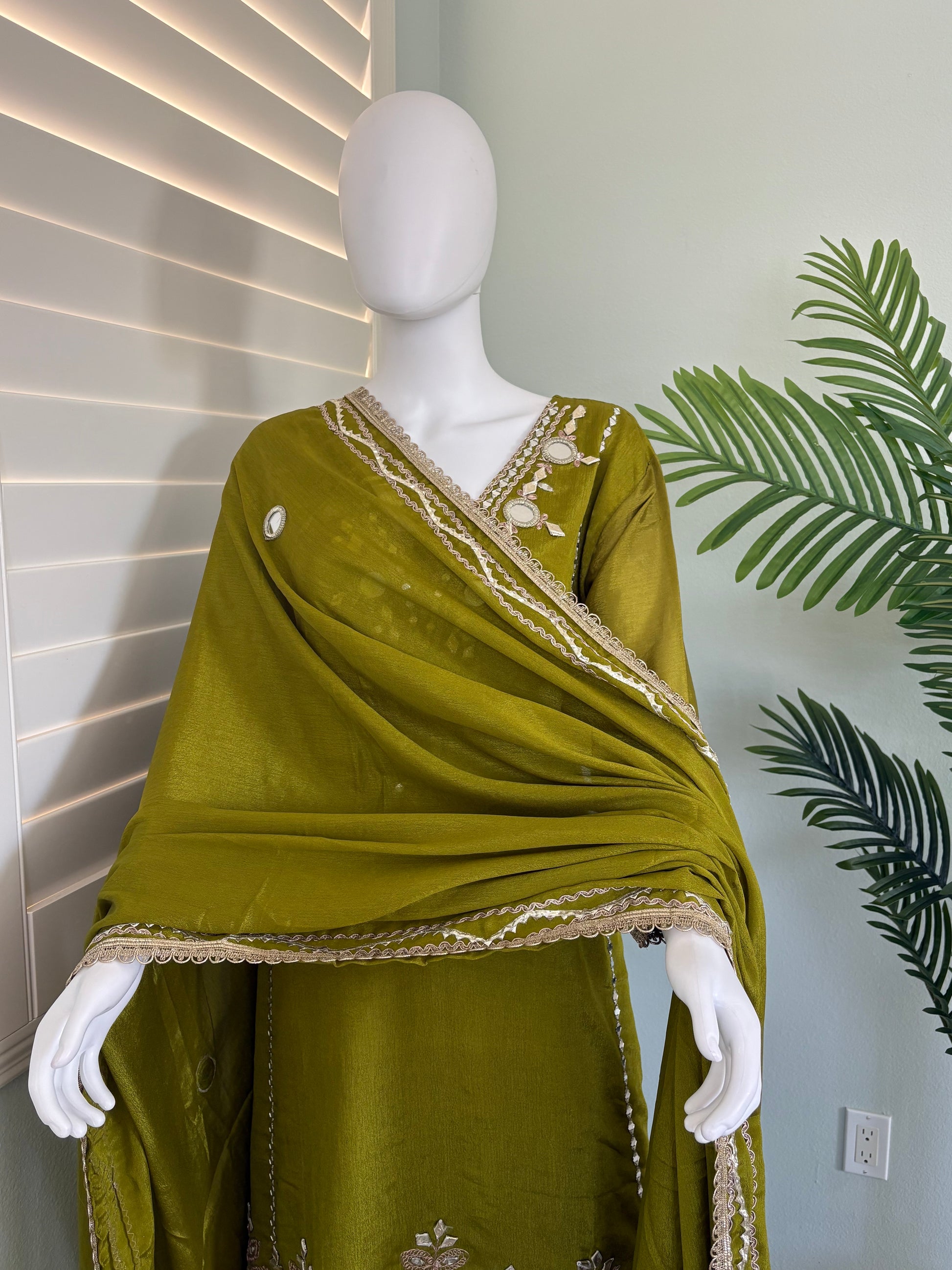 ✨ Regal Radiance — Heavy Chinon Mirror Work & Gotta Patti Plazzo Suit