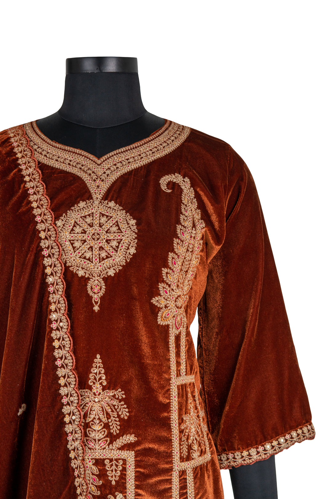 Fully Embroidered Brown Colour Velvet Suit With Embroidered Dupatta