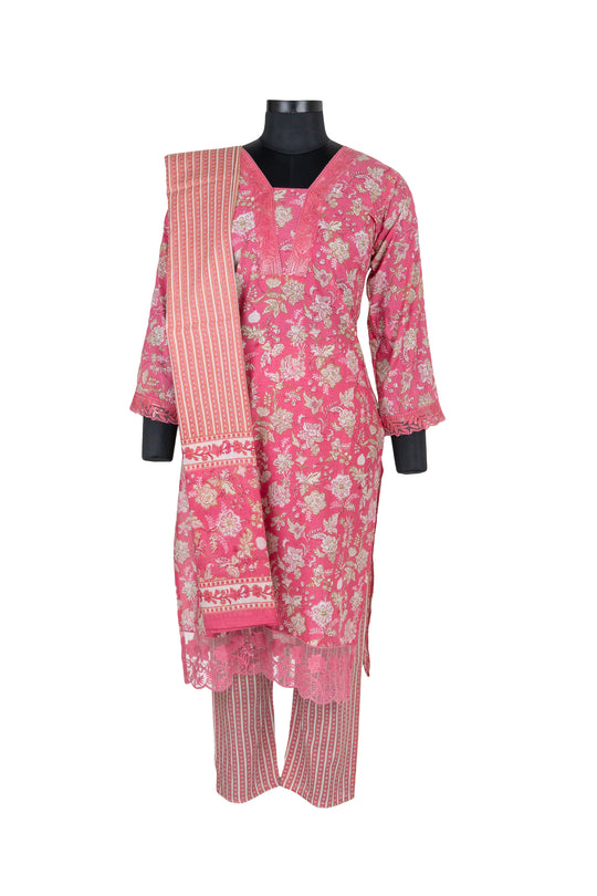 V Neck Pink Colour Digital Print Cotton Straight Pant Suit