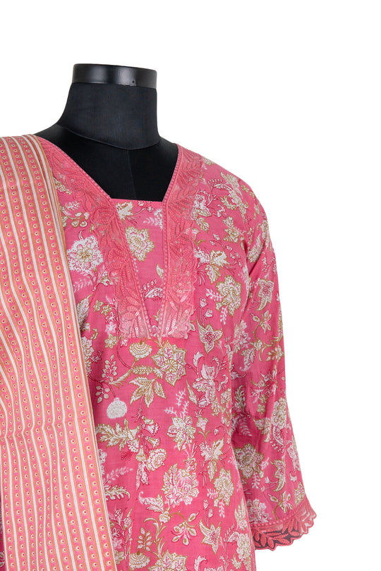 V Neck Pink Colour Digital Print Cotton Straight Pant Suit