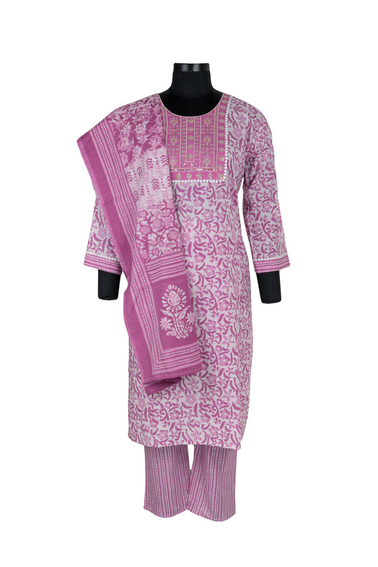 Embroidered Pink Colour Cotton Straight Pant Suit