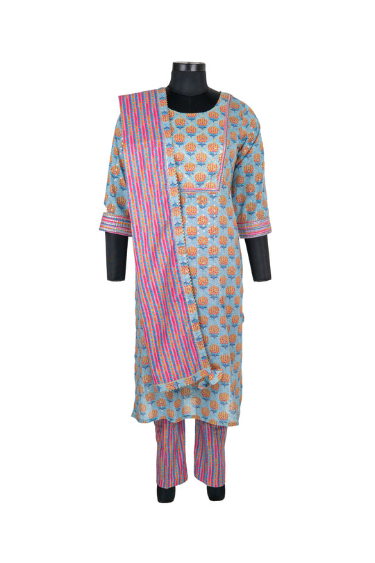 Sky Blue Straight Pant Cotton Suit With Multicolour Pant and Dupatta