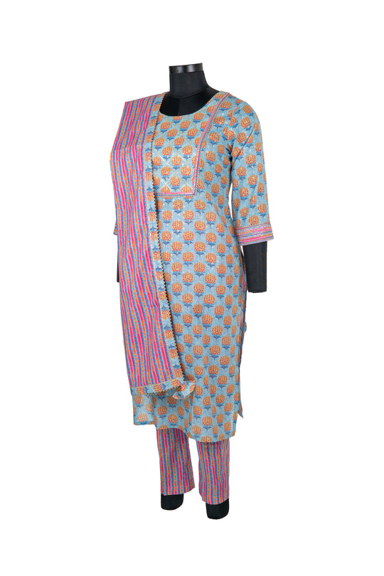 Sky Blue Straight Pant Cotton Suit With Multicolour Pant and Dupatta