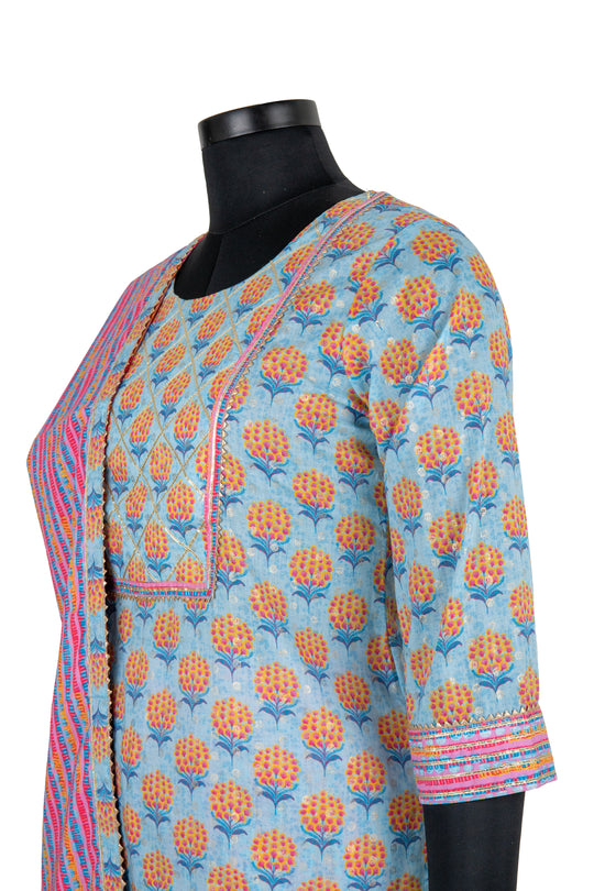 Sky Blue Straight Pant Cotton Suit With Multicolour Pant and Dupatta