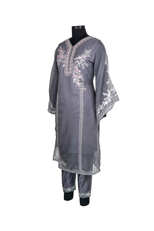 Embroidered Cotton Grey Colour Straight Pant Suit